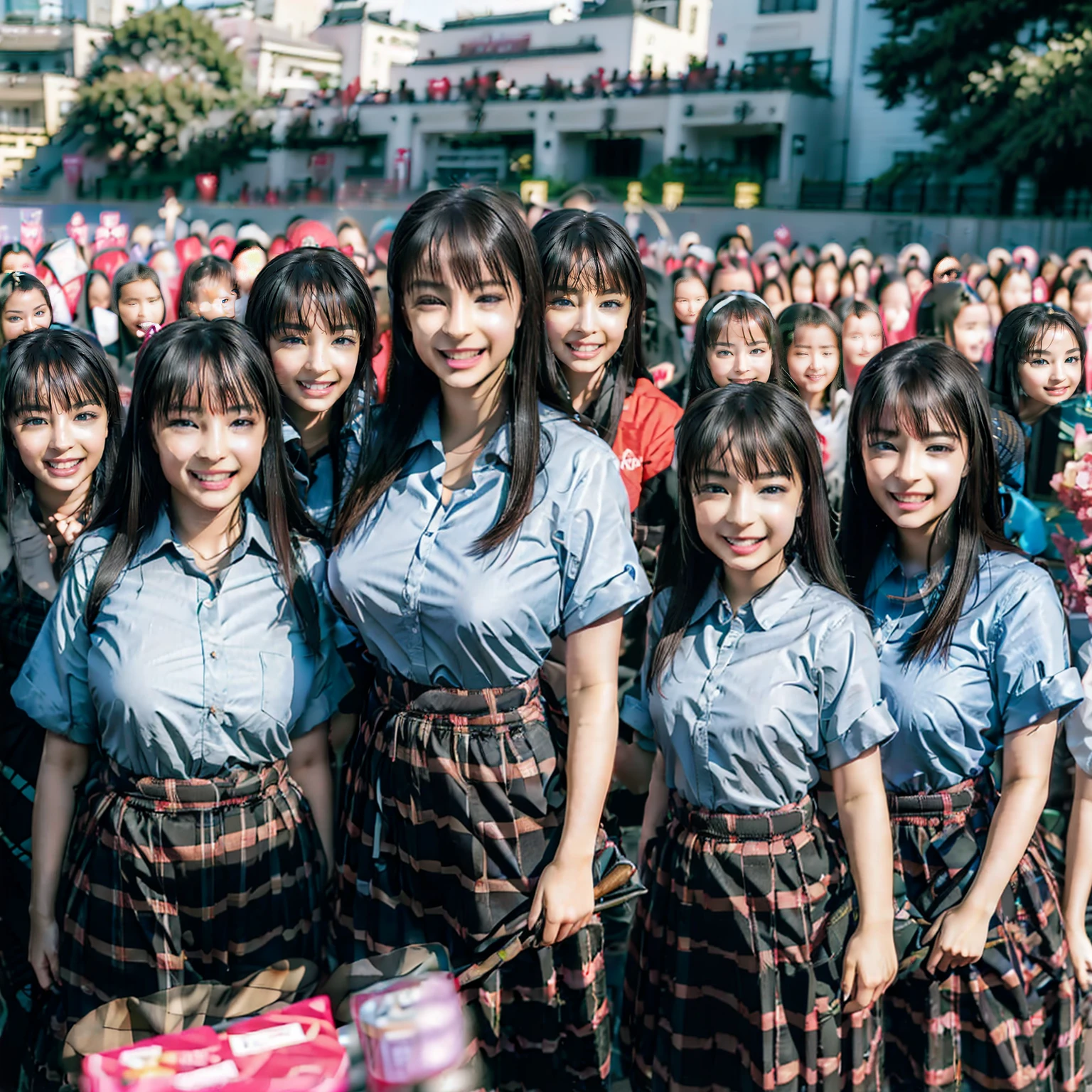 Raw photo、(((multiple girls))),((((6+girls)))),((((100girls)))),(((1000girls)))、((((100 Girls))))、(((crowd shot))),((((Gigantic Breasts))))、Women only、The same face、School Uniform、((7 years old))、Long black hair、(100 ***********s)、a smile、Selfie stick、schools、(((group photo)))、((elementary student))