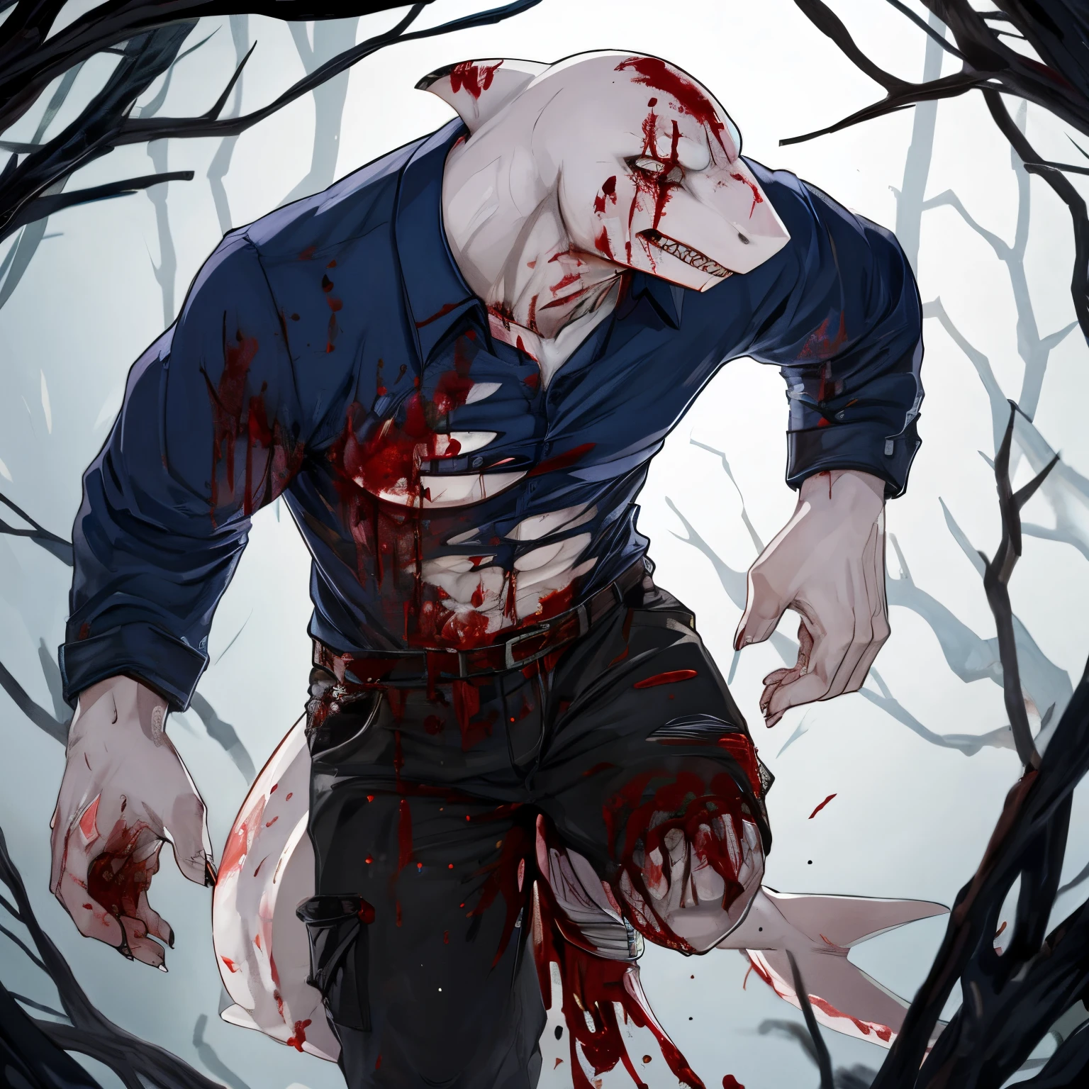 Solo, male, fish, shark, lizard, Medium build, lies (muscles:0.3), Best Quality, 4k, 8k, hi res, anthro, Furry, kemono, white body, detailed eye, albino, fish tail, fin, Empty Head, bald head, dead, gore, guro, blood, deep cuts, black pants, blue shirt, Torn clothes, Bleeding, leaking organs, guts, Emotionless eyes, cut in half horizontally, teeth, cold atmosphere, cold collors