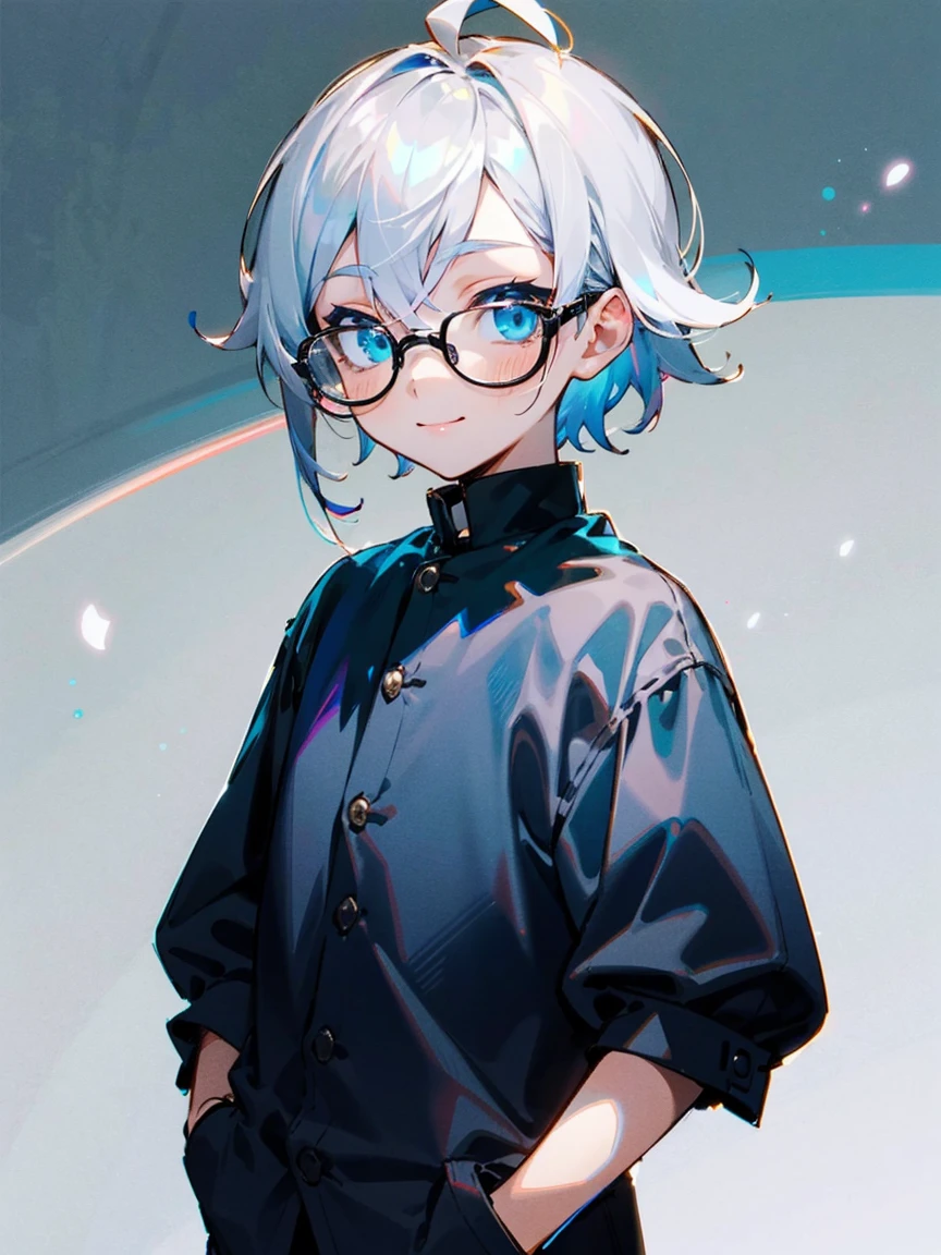 Male child, Black glasses,blue eyess,Cowboy Shots,A smile, silber hair,Daytime,Iridescent background,