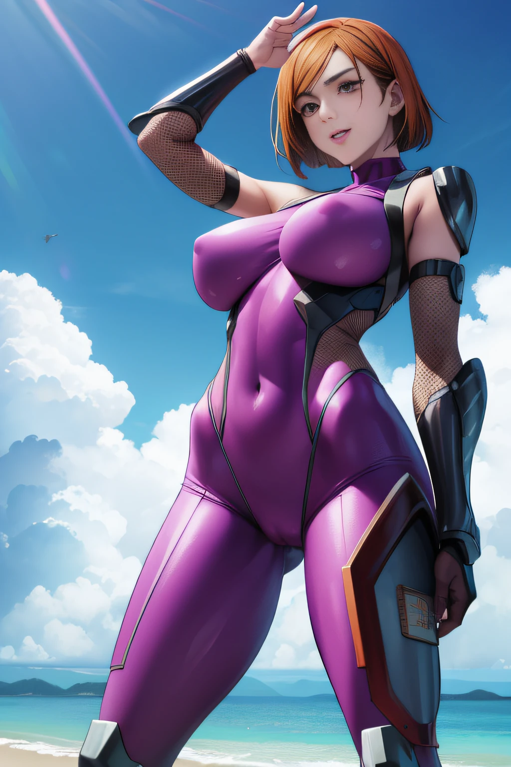 (masterpiece), (best quality), (ultra-detailed), (best illustration), (best shadow), (absurdres), nobarakugisakinova, 18yo,short hair, orange hair, brown eyes, kugisaki nobara, Mole under the outer edge of the eye, large breasts, (asagioutfit,purple bodusuit,fishnets,arm guard), navel, (dynamic sexy pose,dynamic angle),from below,happy smile,beach background,blue sky,strong wind,