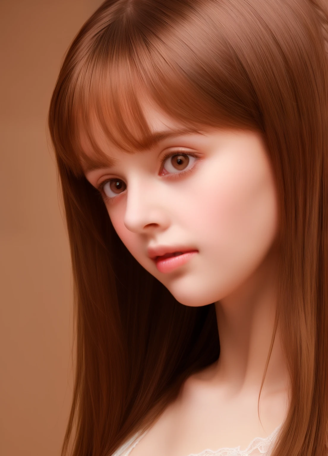 1girl, beautiful teenage girl, small breasts, long straight brown hair,dress portrait, oil painting, modern, realistic proportions, intricate, intricate details, sharp focus