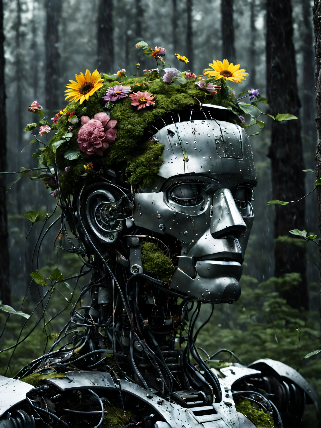 photo of a decayed male robot 45 degrees side view, with the top half of his head cut off, no brain, instead filled with wires, circuits, short plants and flowers, half of body is melted into the ground, eyes closed, wet with rain, masterpiece, high res, intricate, professional, photorealistic, dark forest background