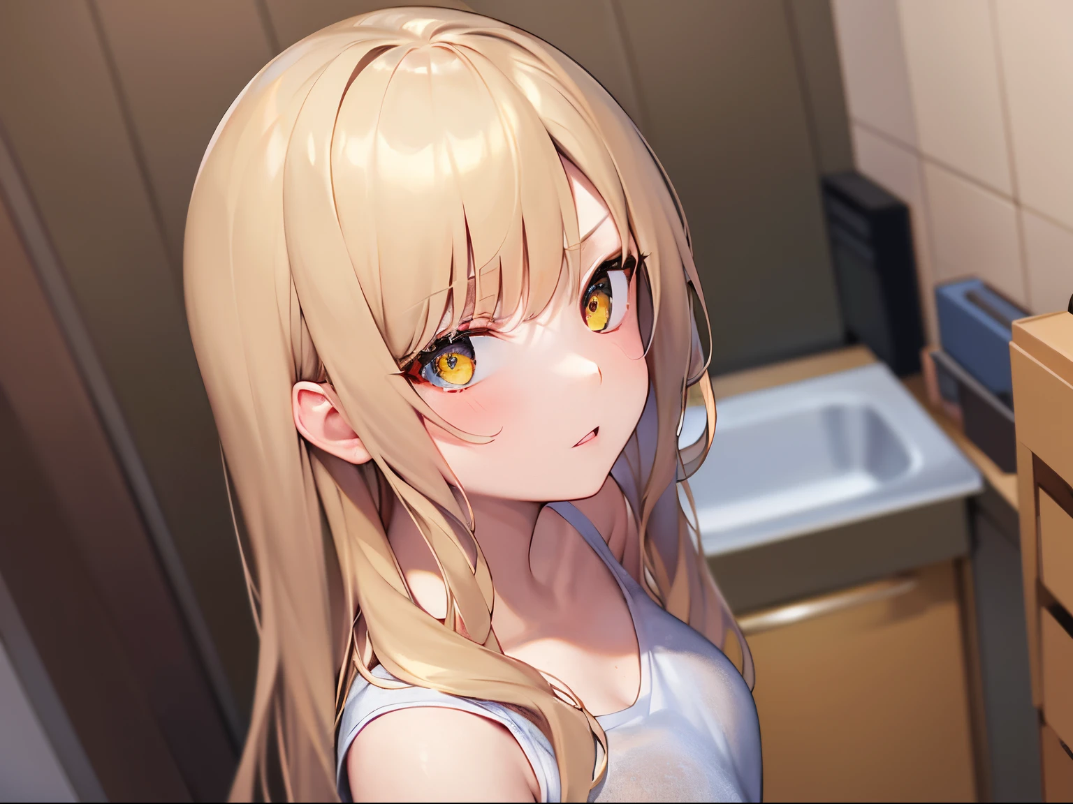 Angle from above, High angle, masterpiece、hightquality、(Blonde long hair, yellow eyes)、An 18-year-old woman、(Alone:1.5)、wearing white tunk top、(sullen look:1.1)、Close-up of the subject's face、(Only the upper body is shown.:1.3)、Bold composition、In the background is a dressing room with a sink and washing machine.