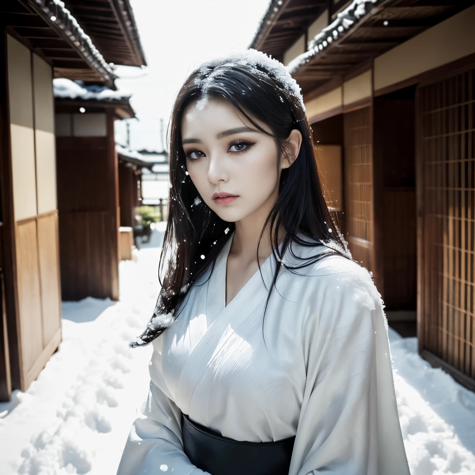 ((masutepiece、top-quality、8K、Super High Detail))、(Very dark、In the Dark、total darkness、Midnight:1.5)、1 beauty、(very long black hair:1.2)、(straight haired:1.2)、(sad Facial expression:1.2)、(terrified expression:1.2)、(Pure white makeup:1.7)、(snow-white skin:1.7)、Spooky makeup、(Plain white kimono:1.5)、(cowboy shot:1.5)、(Female upper body photo:1.5)、(Take a photo from close up to a woman:1.2)、(Walk through the hallways of an old Japanese inn:1.1)、(Wrinkles under the eyes:1.2)、(spectacular movie lighting:1.3)