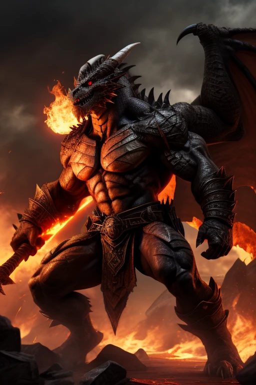 Dragons of Hell，There are lava cracks on the body，Hands are composed of golden lava. Hands are composed of netherrack.，Devil Wings，Golden pupils，Black pupil,4K，muscular，Scales，Nipple Rings