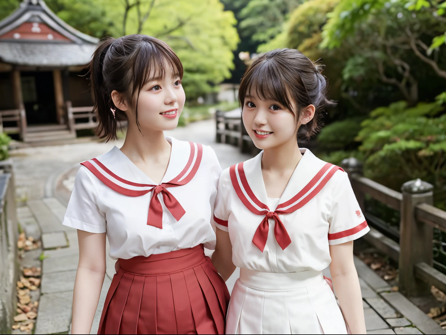 2 girls in old-Japan shrine,dark red and white sailor school uniform with dark red skirt,thin ribbon bow on hair,18-year-old,bangs,a little smile,thighs,poneytail,short cut hair,from below