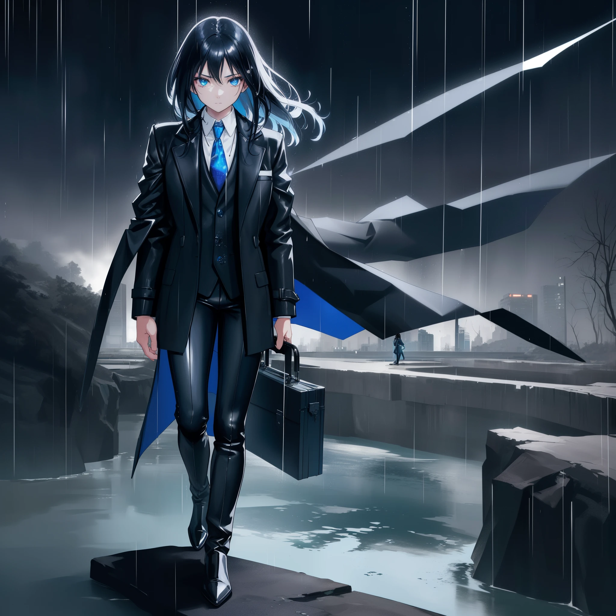 ((A medium view)) of a black-haired anime girl, (sitting in the (river)), ((strong sunlight)), cinematic light, slim body, skin is perfectly healthy, soft, and smooth, Extremely delicate and beautiful CG illustration, best quality, high resolution, dynamic angle, full-length lens, (1 girl), floating, soft light, high-key lighting), glowing light, blue halo, blue crystal, ((very cinematic)), (raining: 1.2), wearing black boots, (((wearing a suit, coat and leather pants and holding a briefcase))), ((very cinematic))