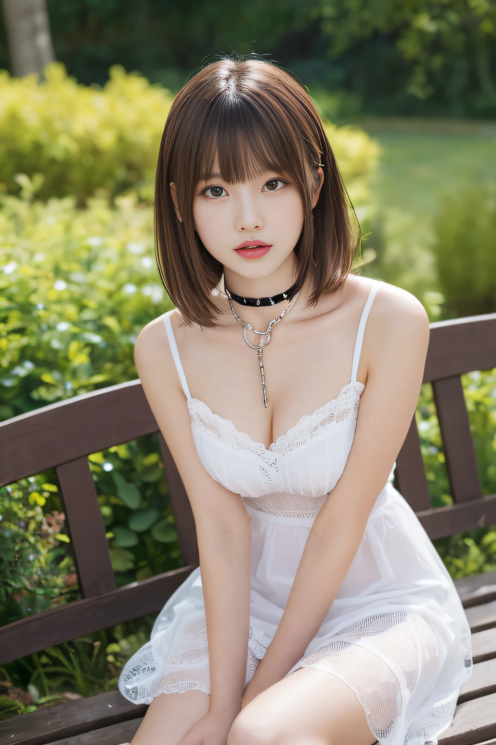 masutepiece, Best Quality, One girl, (Beautiful Girl:1.3), (:1.2), Very fine eye definition, (Symmetrical eyes:1.3), NSFW, (cute little、With net-like slits、Highly detailed mini dress with open neckline、:1.3), Beautiful breasts, Brown eyes, Parted bangs, Brown hair, Upper teeth、background outdoor blur、Chain Choker、sitting in a bench、Opening the crotch provocatively、White panties are visible