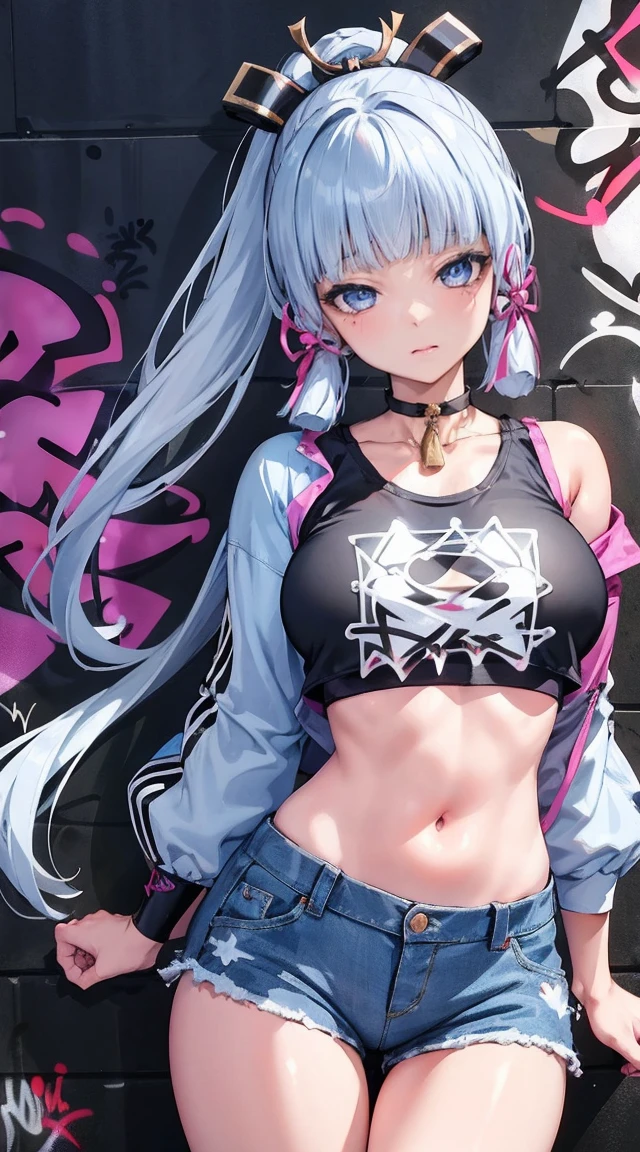 kamisato ayaka|genshin impact, master-piece, bestquality, 1girls,25 years old, oversized breasts, crop top, shorts jeans, oversized breasts, ,bara, crop top, shorts jeans, choker, (Graffiti:1.5), Splash with purple lightning pattern., arm behind back, against wall, View viewers from the front., Thigh strap, Head tilt, bored, water eyes,