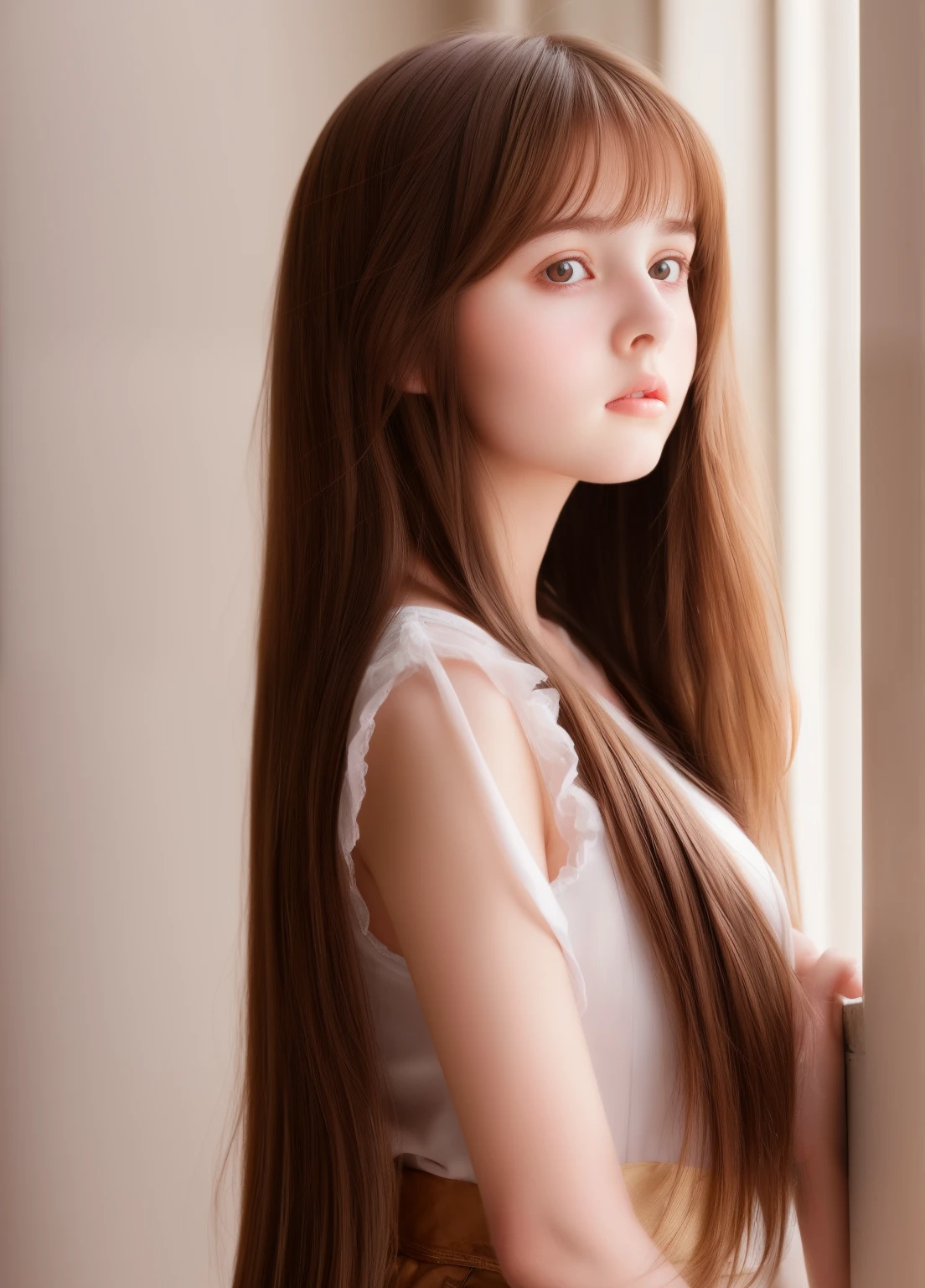 1girl, beautiful teenage girl, cute,small breasts, long straight brown hair,uniform, portrait, oil painting, modern, realistic proportions, intricate, intricate details, sharp focus