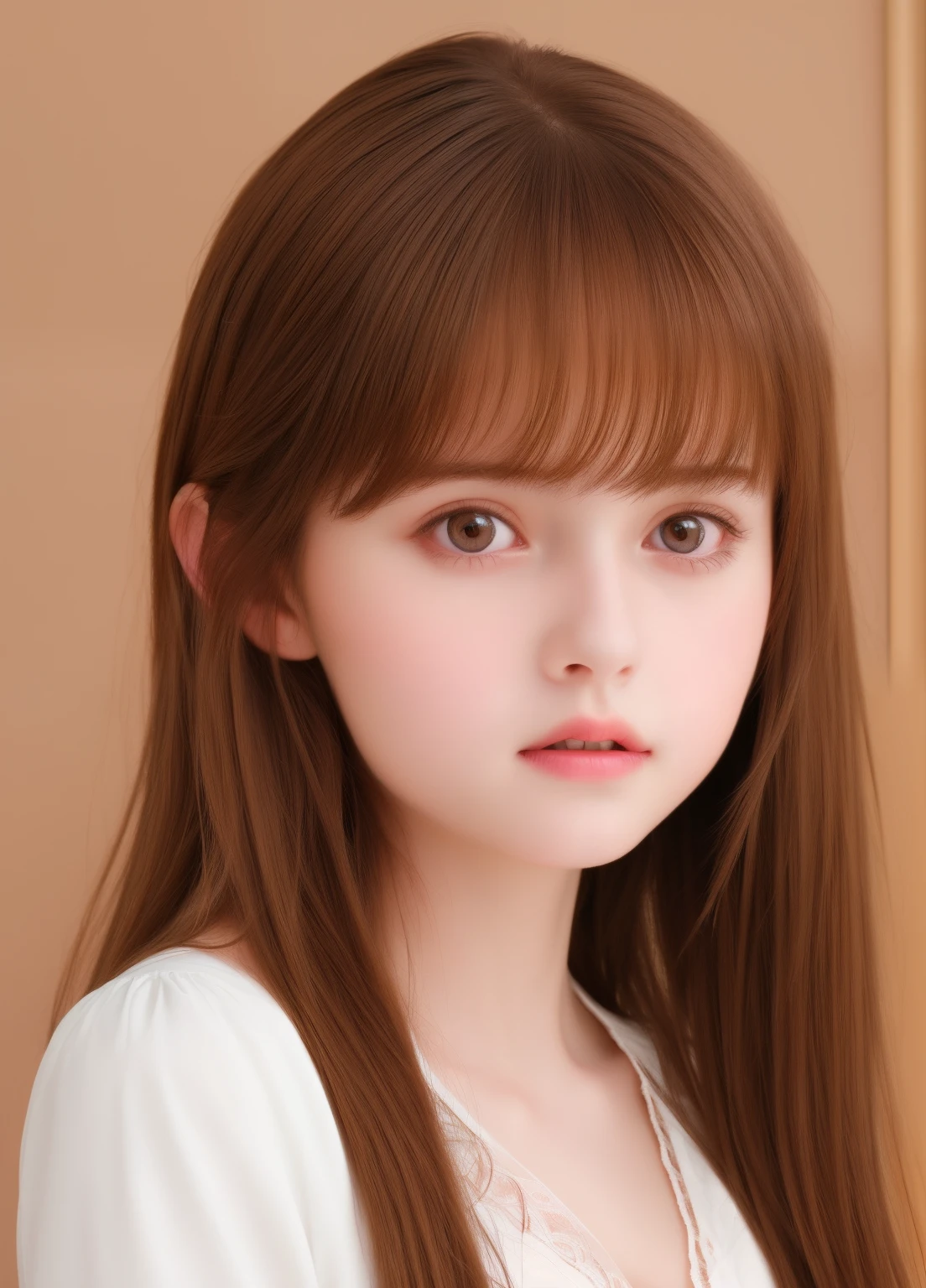 1girl, beautiful teenage girl, cute,small breasts, long straight brown hair,uniform, portrait, oil painting, modern, realistic proportions, intricate, intricate details, sharp focus