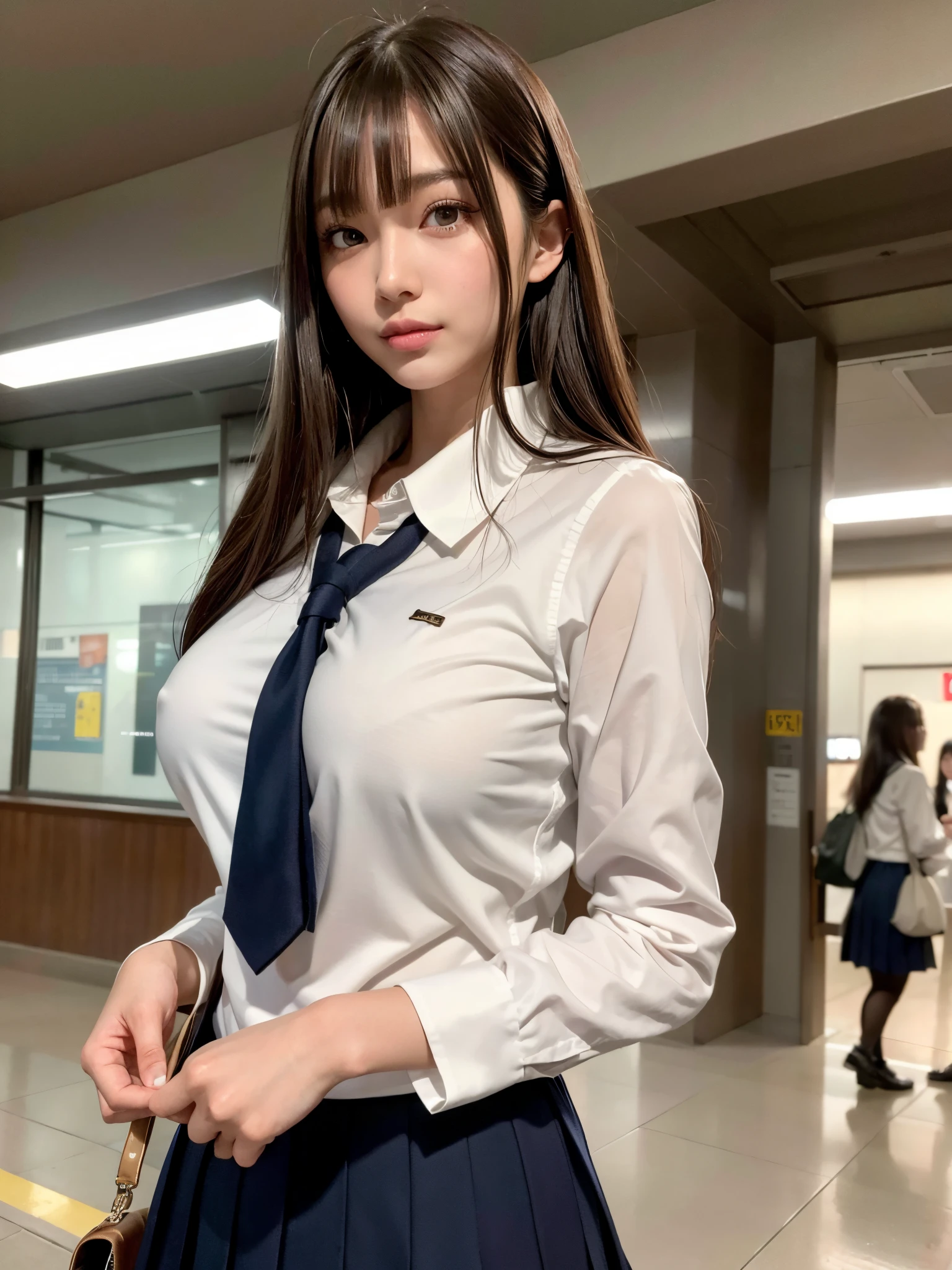 8K,Best Quality, masutepiece, ultra-detailliert, 超A high resolution, Photorealistic, Raw photo, absurderes, absolutely resolution, (1girl in:1.3), upperbody shot, Looking at Viewer,a Japanese young pretty woman, hyper cute face, Glamorous figure, Large breasts,Long bob hair,Smile,(School uniform:1.3),Beautiful eyes, walking alone in a crowded station,Glossy lips, Double eyelids in both eyes, Natural makeup, long eyelashes, Glossy smooth light brown long bob hair, asymmetrical bangs, Shiny skin, central image, High resolution, high detailing, detailed hairstyle, Detailed face, spectacular movie lighting, Octane Rendering, Vibrant, Hyper realistic, Perfect limbs, Perfect Anatomy