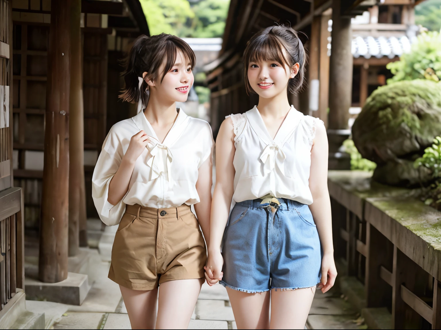 Two girls walking through an old Japanese shrine,Casual wear for holidays,Ribbon with a small ribbon attached to the hair,18year old,Bangs,A little smile,thighs thighs thighs thighs,poneyTail,short cut hair,close up of face