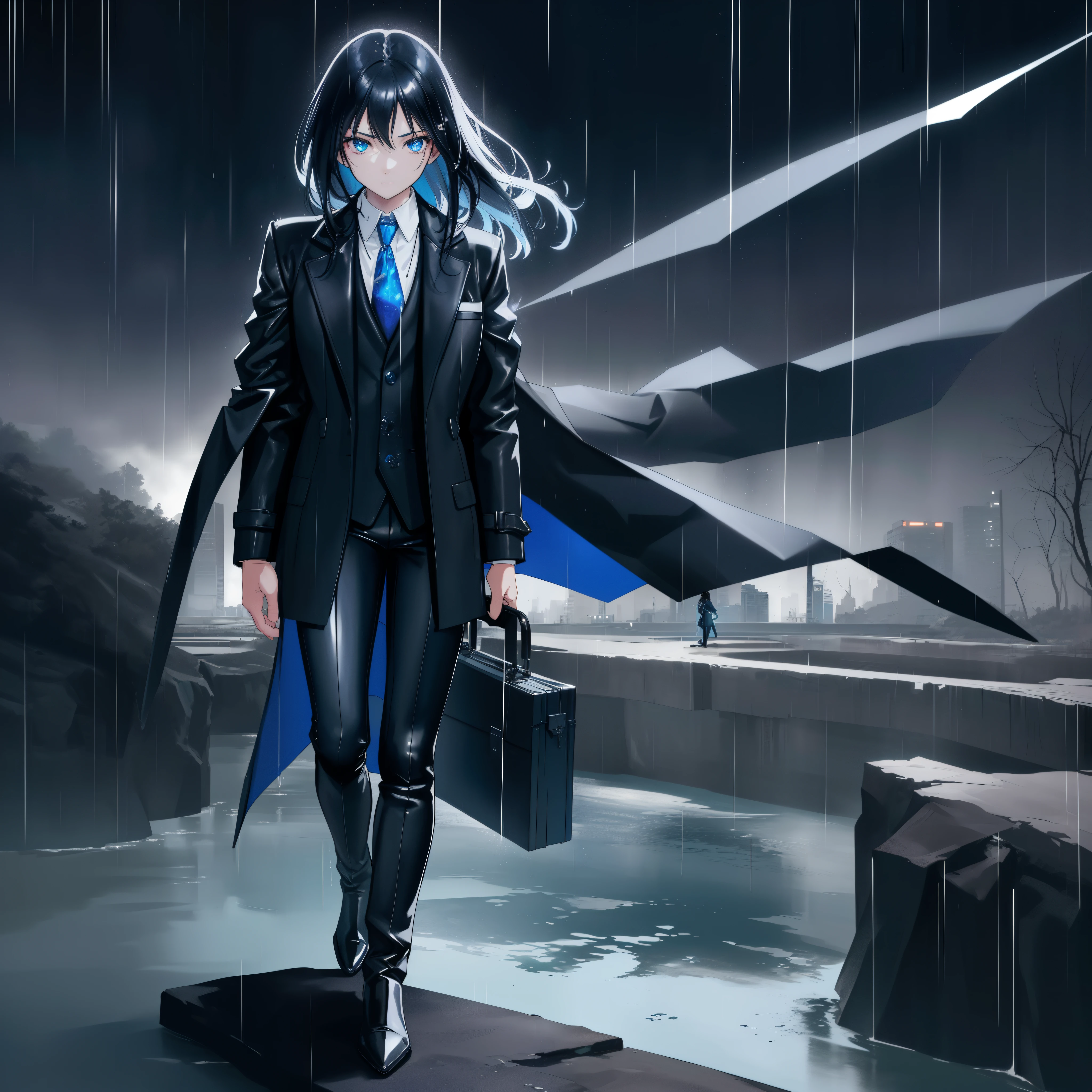 ((A medium view)) of a black-haired anime girl, (sitting in the (river)), ((strong sunlight)), cinematic light, slim body, skin is perfectly healthy, soft, and smooth, Extremely delicate and beautiful CG illustration, best quality, high resolution, dynamic angle, full-length lens, (1 girl), floating, soft light, high-key lighting), glowing light, blue halo, blue crystal, ((very cinematic)), (raining: 1.2), wearing black boots, (((wearing a suit, coat and leather pants and holding a briefcase))), ((very cinematic))