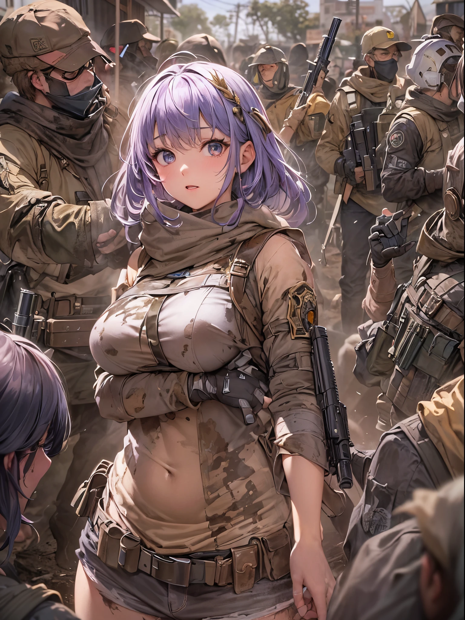 ((Finest quality)),(超A high resolution),(ultra-detailliert),(Meticulous portrayal),((Best Anime)),(Finest works of art),Ultra-Precision Art,The art of astounding depiction,Overwhelming depiction:1.5, top quality action movies:1.5, Gun Action:1.5, (Multiple adult women:1.5),body covered in mud and dust:1.6,income,