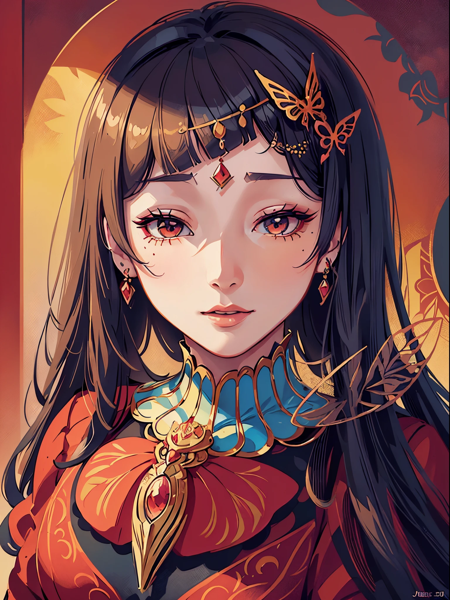 Butterfly motif、red and black keynotes、Vibrant colors、((​masterpiece)))、(((top-quality)))、((ultra-detailliert))、(A hyper-realistic)、(highly detailed CGillustration）、Official art、Rome at the beginning of the 20th century、Decadent、Madame Papillon、Cool Beauty、Masquerade、refinement、Elegance、Gorgeous、Masks that cover most of the face、Colorful and detailed mask design、matchless beauty、Fans、gorgeous dress、jewely、Female Solo、Perfect Angle、perfect-composition、full body Esbian