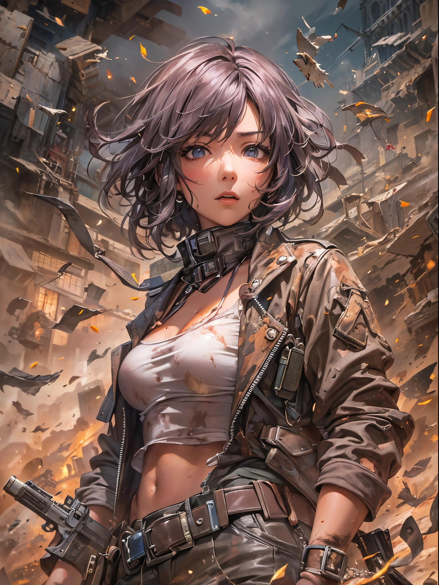 ((Finest quality)),(超A high resolution),(ultra-detailliert),(Meticulous portrayal),((Best Anime)),(Finest works of art),Ultra-Precision Art,The art of astounding depiction,Overwhelming depiction:1.5, top quality action movies:1.5, Gun Action:1.5, (adult woman:1.5),body covered in mud and dust:1.6,income,