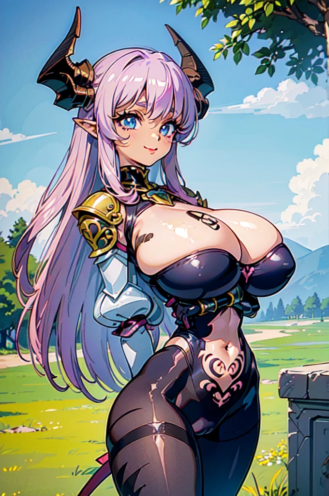 "(masterpiece:1.1), best quality,
1girl, (80s anime style:1.3), (eyelashes:1.5), (:1.2),
(intricate high detailed body:1.2),
(pink hair:1.1), (bangs:1.1), (long hair, twin bun:1.1), (demon horns:1.2),
blue eyes, (red lip stick:1.3),
(dark skin:1.5), (gigantic breasts:1.5),
(happy, smile:1.2),
(silver embroidery body suit armor, navel cutout, tattoo:1.2), (pantyhose:1.2),
(knight armor, armored boots:1.2), (belts:1.1), (accessories:1.1), hand cuffs,
standing,
(upper body, cowboy shot, looking at viewer, from front:1.1),
(daytime, grassland, outdoors:1.2)"
