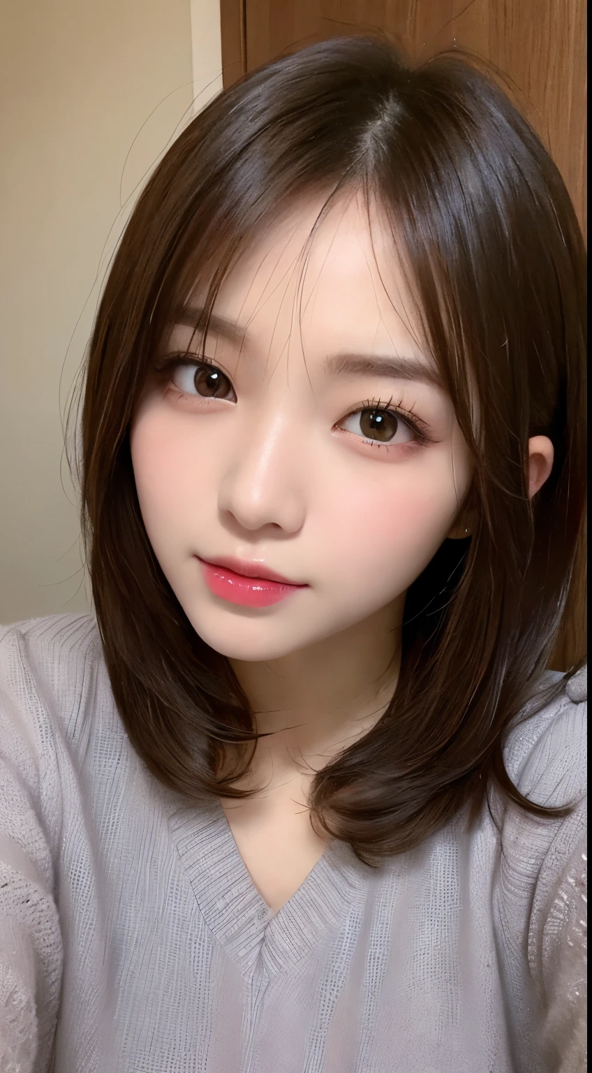 Tabletop, highest quality, shape, Very detailed, finely, High resolution, 8k wallpaper, perfect dynamic composition shape, Beautiful and detailed, Tokyo Trend Knit Dress, Small breasts, Natural color lip,A kind smile,20-year-old girl、Beautifully detailed face、Perfect and beautiful face,Big eyes、Beautifully detailed face、Perfect and beautiful double eyelids、Blur the background、Perfect and beautiful face、Feminine poses、Blur the background、Slim face and figure、Blur the background、Straight hair、Wear a gorgeous mink coat、Bedroom(Navy sheets)、Lying in bed、 (Get closer to the face, Make your face bigger, Face Focus:1.0), break, (masterpiece, highest quality, Very detailed, Detailed face, 8k)、Actual photo、Perfect and beautiful face、Blur the background