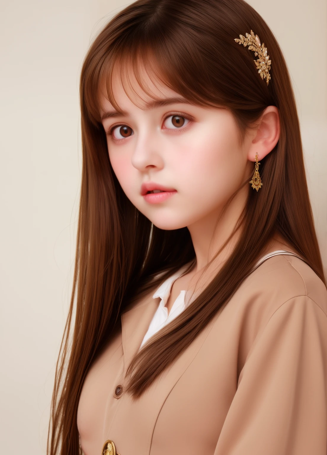 1girl, beautiful teenage girl, cute,small breasts, long straight brown hair,uniform, portrait, oil painting, modern, realistic proportions, intricate, intricate details, sharp focus