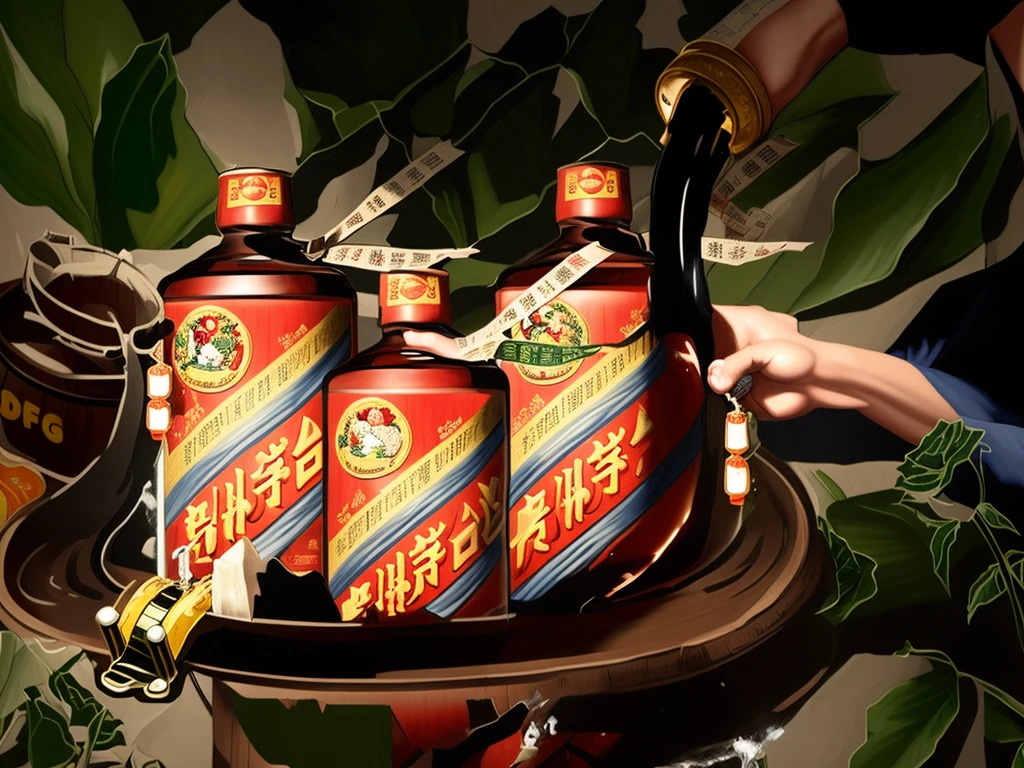 There is a painting of a bottle of beer being poured into a barrel, Full of Chinese ads, 4 0 k, 40k, 3D，Picture harmony，Beautiful chinoiserie，Spring water，mont，