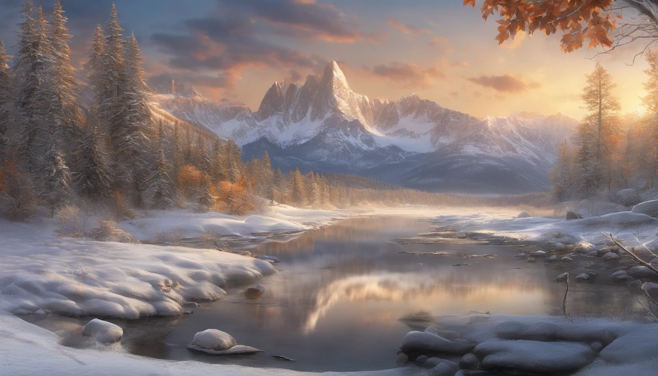 As the sun rises over the majestic snow-covered mountains, a serene landscape unfolds, bathed in the warm hues of dawn. The gentle touch of fog delicately embraces the surrounding nature, adding an ethereal quality to the scene. A pristine river meanders through the landscape, reflecting the first light of day.
A picturesque bridge spans across the river, seamlessly connecting two sides of this beautiful terrain. The snow-capped peaks, standing tall against the dawn sky, create a breathtaking backdrop. The realism in this scene is heightened by the intricate details of the snow-covered landscape, where every snowflake and tree branch is rendered with precision.
This landscape, captured with realism in mind, invites you to immerse yourself in the tranquility of nature. The combination of the sunrise, little pockets of fog, and the gentle flow of the river adds layers to this breathtaking scene, making it a truly beautiful and serene portrayal of a winter morning in the mountains.