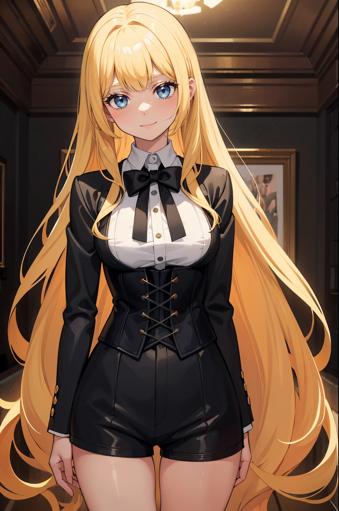 masterpiece,best quality, solo, 1 girl, female figure, yellow hair, hime cut, blunt bangs, extra long hair, crystal blue eyes, sharp detailed eyes, white pantyhose, long sleeves, boy shorts, indoors, golden blonde hair, shy smile, black ouji clothes, cowboy shot, voluminous hair, wavy hair, cute girl, (medium small breasts), (young female body: 1.4), ouji fashion, long boy shorts, black ouji style clothes, black shorts, black ouji style uniform, black butler style clothes, corset, boy shorts, standing in front of a mansion, butler tailcoat
