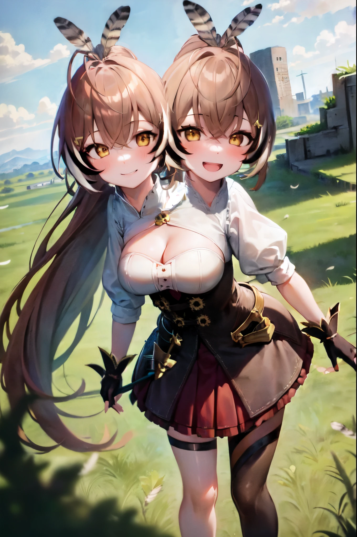 1girl, (masterpiece), nanashi mumei, ((2heads:1.5)), shirt, corset, cleavage cutout, ribbon, single thighhigh, red skirt, knife, belt, partially fingerless gloves, hairclip, feathers, ponytail, very long hair, looking at viewer, smile, head tilt, teeth, blush, outdoor, ruins, plains, standing, leaning forward