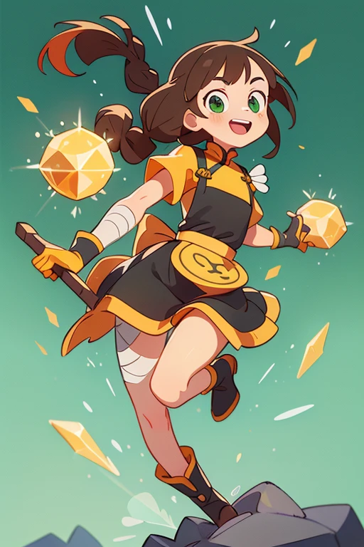 absurd res, high res, (masterpiece:1.4) looking at viewer, standing, ultra-detailed, 1girl, accurate body limbs, half body, Chinese fantasy fashion, Chinese costume, yellow black dress, gloves, crystals , bandages on shoulder, brown hair, yellow streak hair, green eyes, twin braid hair, long hair, simple background, boots, holding giant hammer, dynamic pose, smilling, blacksmith apron, jumping, yellow swirl, crystals