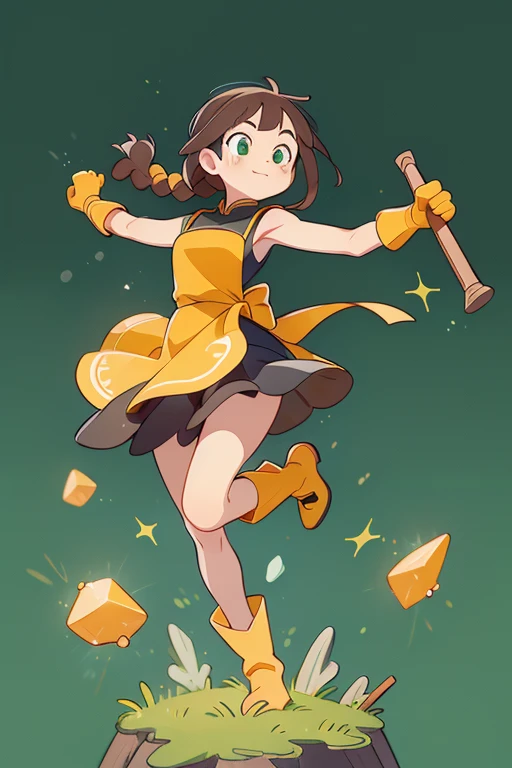 absurd res, high res, (masterpiece:1.4) looking at viewer, standing, ultra-detailed, 1girl, accurate body limbs, half body, Chinese fantasy fashion, Chinese costume, yellow black dress, gloves, crystals , bandages on shoulder, brown hair, yellow streak hair, green eyes, twin braid hair, long hair, simple background, boots, holding giant hammer, dynamic pose, smilling, blacksmith apron, jumping, yellow swirl, crystals