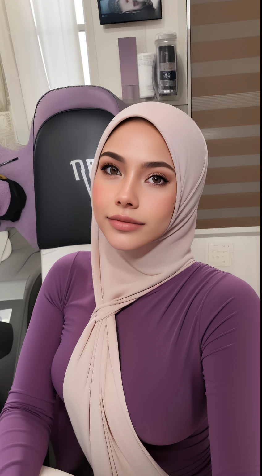 (very cute girl) , malay  face, (raw photo:1.2), ((17 years old)), (photorealistic:1.4), malay mix korea hyper white skin, realistic skin texture, pale skin, very detailed eyes and face, beautiful detailed eyes, turkish nose, super detailed, high resolution, very detailed, masterpiece,unified, 48k wallpaper, amazing, Fine details, masterpiece, best quality, ((big cup breasts size)), long big hijab, light on face, cinematic lighting, 1 malay girl, perfect body, slim abs, skinny, ((1 malay girl , beautiful face)), hyper realistic bright lighting, realistic shadow, ((wearing dark purple lace bra and panties)), ((perfectly composition)), dynamic poses, dynamic shot angle, (All grey background)