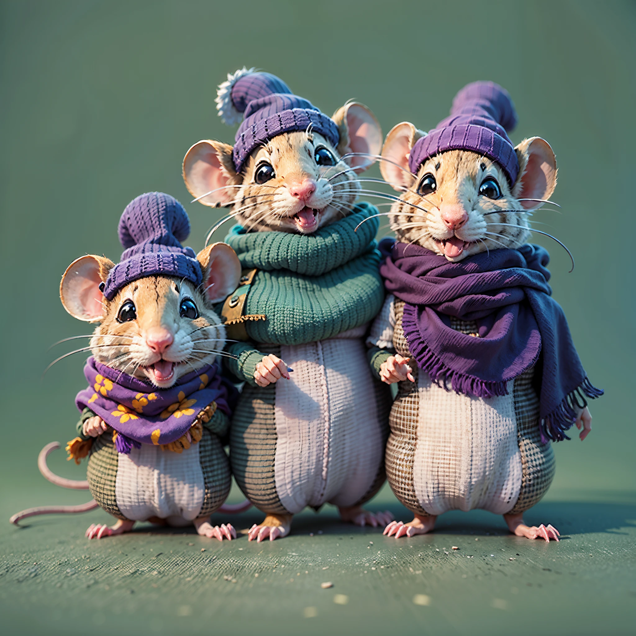 Three mice wearing purple hats and scarves, Cute 3d rendering, stylized 3d render, cute big breasts! c4d, Stylized 3D rendering, anthropomorphic mouse, daily render, lovely digital painting, rat tribe, There's a mouse in the clothes, soft 3d render, Cute and detailed digital art, Render in Cinema4D