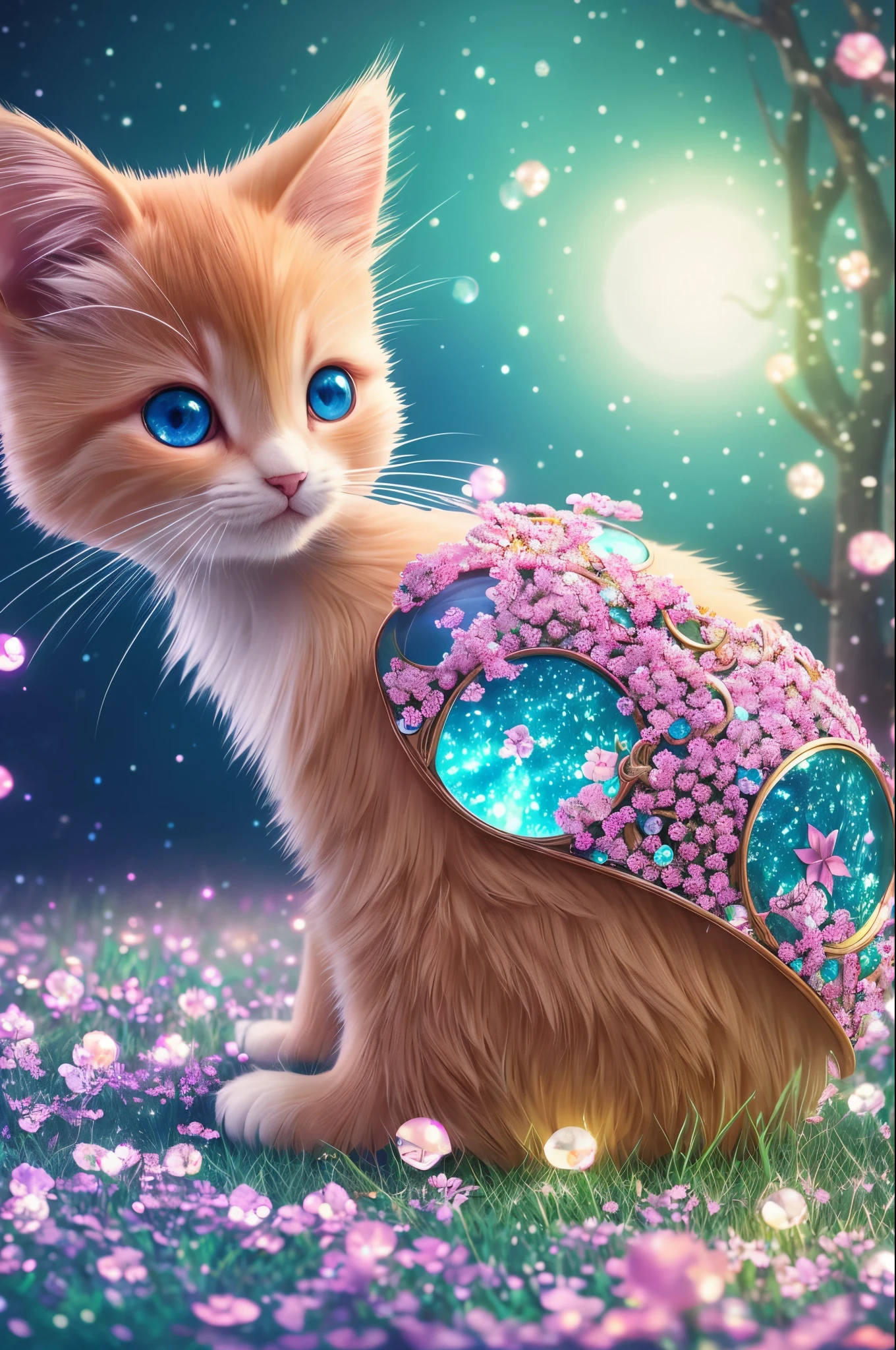 side view, oversaturate, colorfully, Fairytale, dreamlike, Cinematic character render, oil painting, 3D, 8k resolution, sequins, glitter, sakura forest, moonlight, Close up Portrait adorable chibi kawaii anthropomorphic kitten king, Detailed eyes, large round reflective eyes,