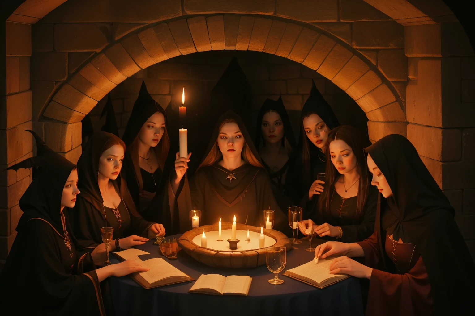 Witches' Congregation, Prague, 1591: The scene unfolds in a hidden chamber where a witches' congregation gathers. Candlelight casts flickering shadows on the faces of witches, vampires, and daemons, creating an atmosphere of secrecy. The air is thick with magic as figures in cloaks and hoods engage in whispered conversations, capturing the mystique of Deborah Harkness' supernatural world.