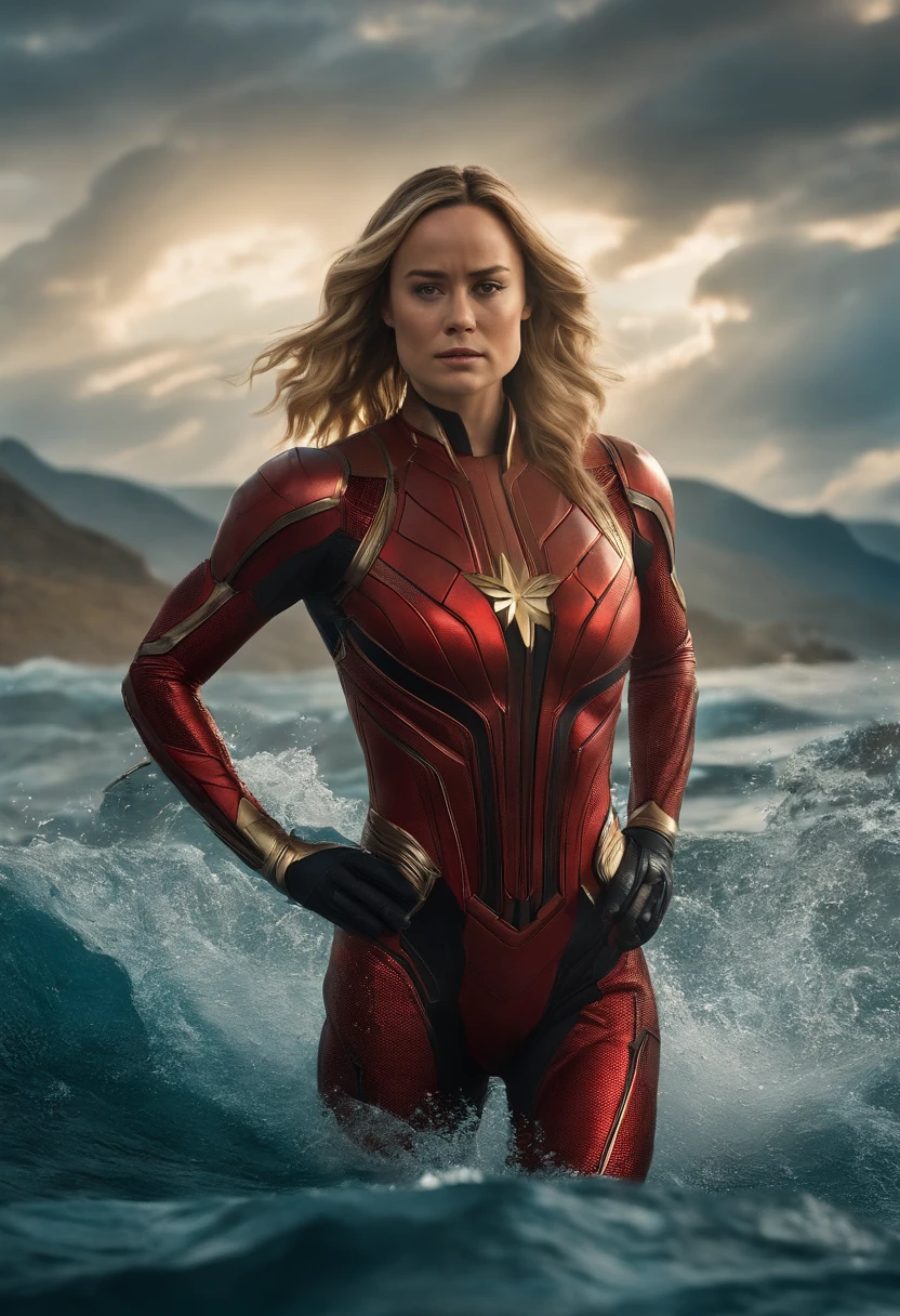 Low angle shot of brie larson sexy, ultra realistic in the Eternals movie, speedster In the ocean, MCU, superhero action pose, background of a destroyed, in a Battle, fighting, Full body, real, Tyrannical Supervillain, IMAX film, hyperrealistic, high resolution movie still, cinema lighting, atlantis light, wide red and black and silver, 8k