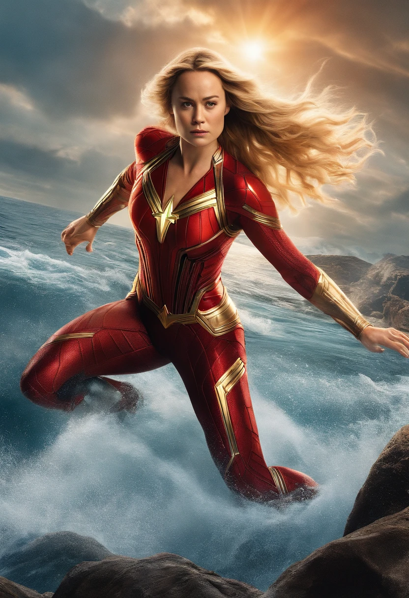 Low angle shot of brie larson sexy, ultra realistic in the Eternals movie, speedster In the ocean, MCU, superhero action pose, background of a destroyed, in a Battle, fighting, Full body, real, Tyrannical Supervillain, IMAX film, hyperrealistic, high resolution movie still, cinema lighting, atlantis light, wide red and black and silver, 8k