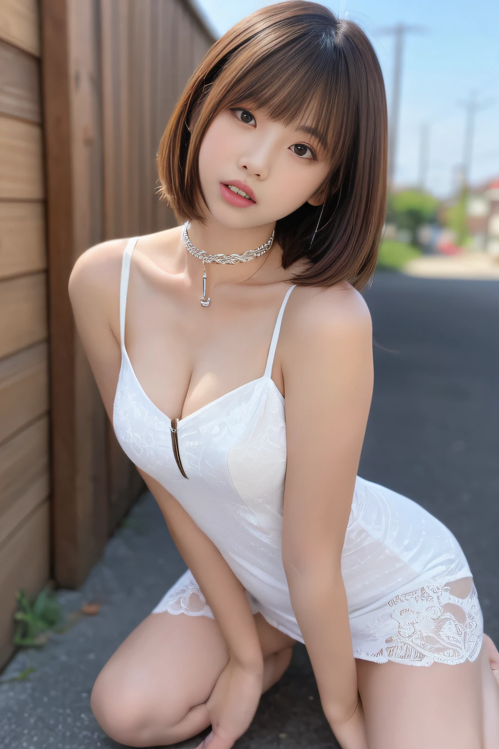 masutepiece, Best Quality, One girl, (Beautiful Girl:1.3), (:1.2), Very fine eye definition, (Symmetrical eyes:1.3), NSFW, (cute little、With net-like slits、Highly detailed mini dress with open neckline、:1.3), Beautiful breasts, Brown eyes, Parted bangs, Brown hair, Upper teeth、background outdoor blur、Chain Choker、squatting、Opening the crotch provocatively、White panties are visible