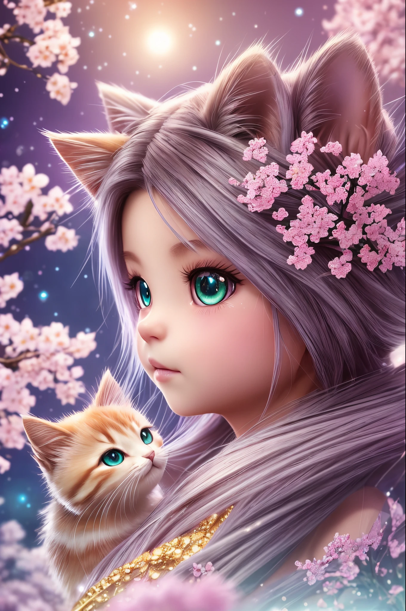 side view, oversaturate, colorfully, Fairytale, dreamlike, Cinematic character render, oil painting, 3D, 8k resolution, sequins, glitter, sakura forest, moonlight, Close up Portrait adorable chibi kawaii anthropomorphic kitten king, Detailed eyes, large round reflective eyes,