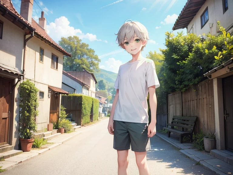 Best quality, 1boy, white short hair, standing, village, green eyes, short pants, grey tishirt, sunny day, smile