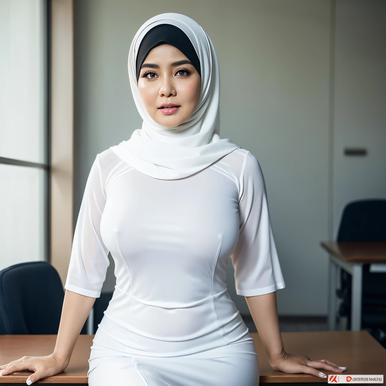56 years Old, Hijab Indonesian mature woman, Big Mature Tits : 48.9, Gamis, white skin like porcelain, Curvy body, Erotic Pose : 1.6, Alluring Face : 1.2, at Teacher Office, High light, at Day time, 128K HDR Best Quality Photo.