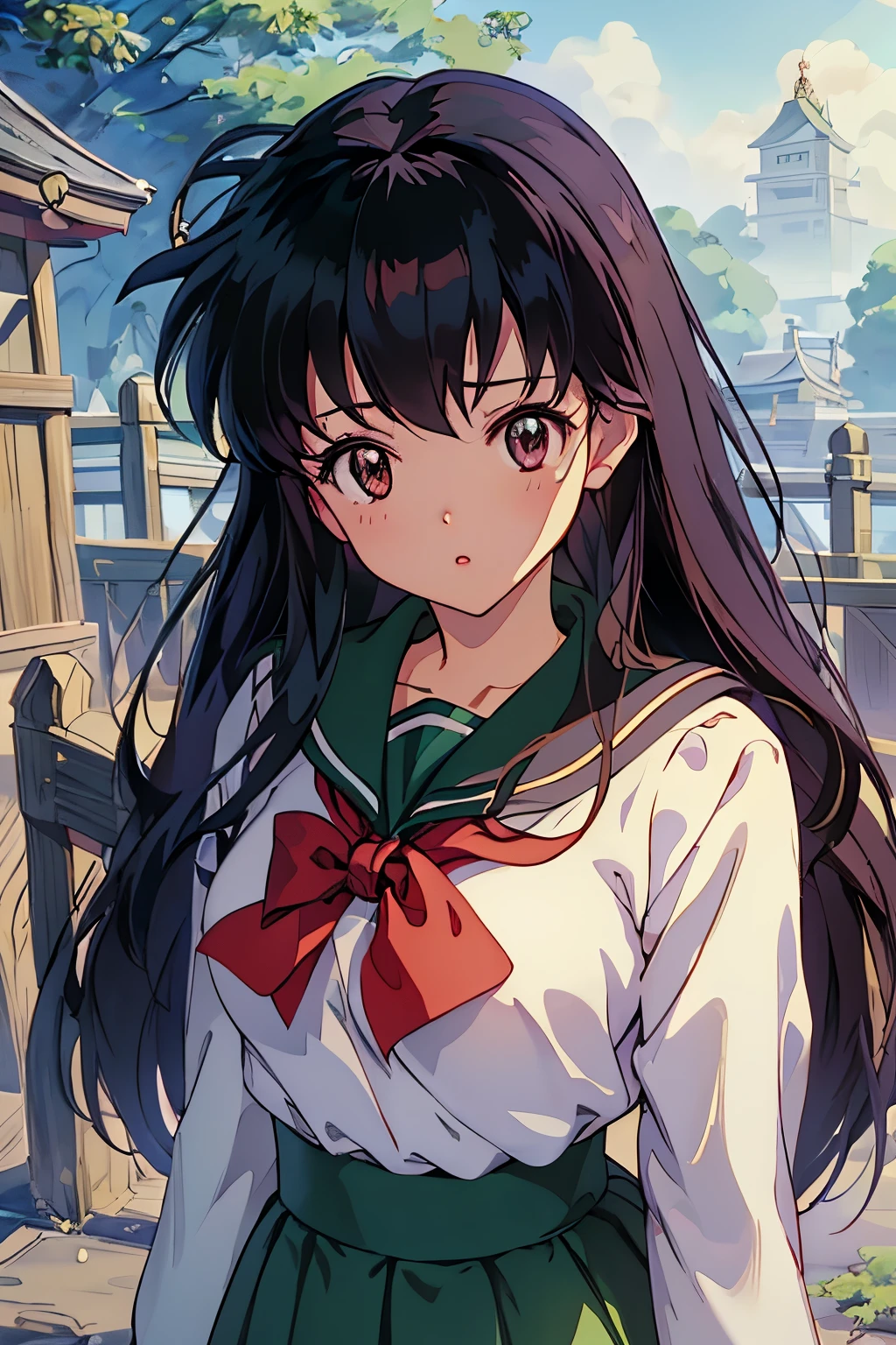 masuter piece, Best Quality, 超A high resolution, top-quality, Anime style, The best lighting, Beautiful face, 1girl in, Kagome Higurashi, Brown-eyed, Face Focus, Photorealsitic, (hyper realisitic:1.2), perfect  eyes, face perfect, Perfect litthing, plein air,  shrine maiden clothe