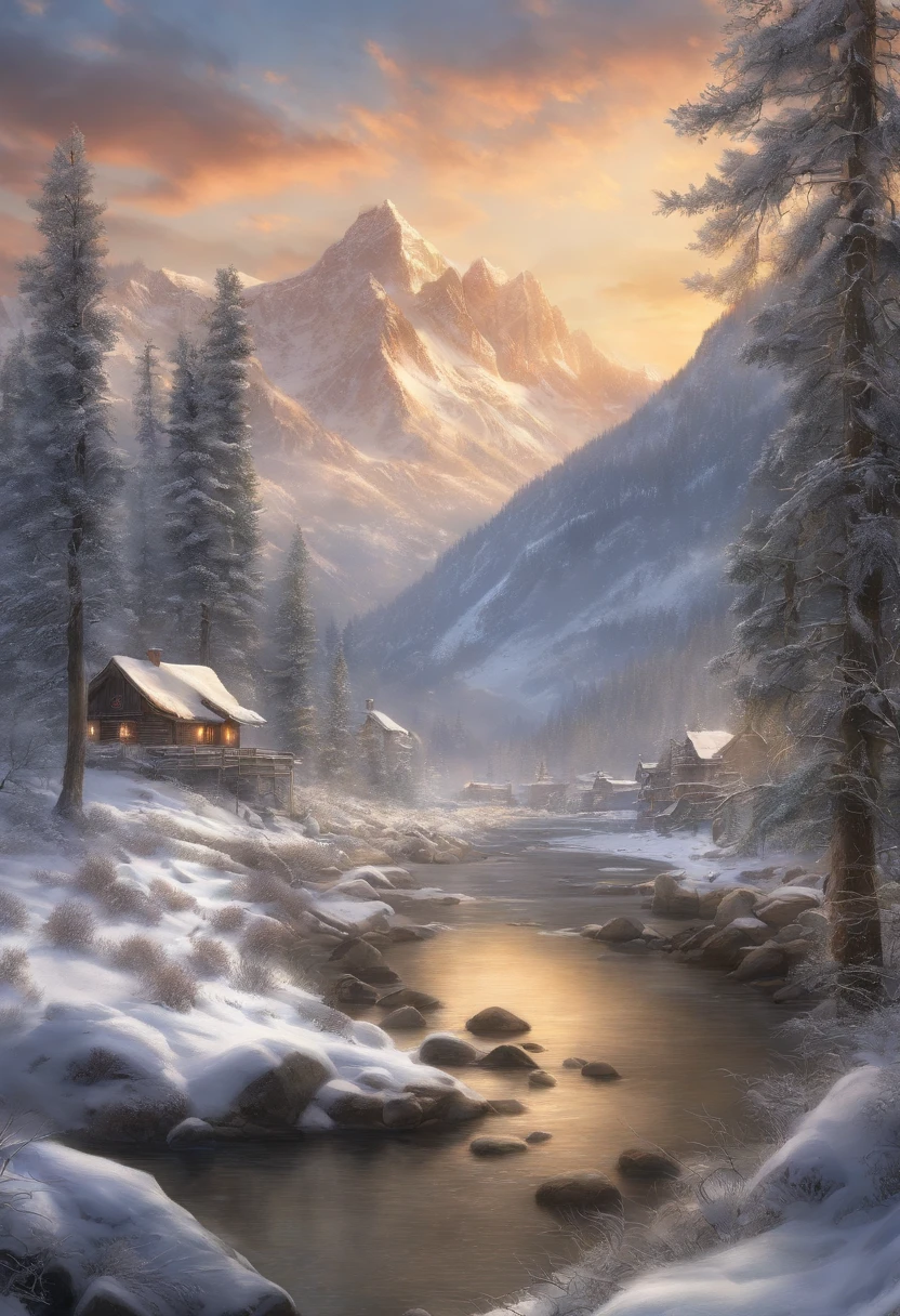 As the sun rises over the majestic snow-covered mountains, a serene landscape unfolds, bathed in the warm hues of dawn. The gentle touch of fog delicately embraces the surrounding nature, adding an ethereal quality to the scene. A pristine river meanders through the landscape, reflecting the first light of day.
A picturesque bridge spans across the river, seamlessly connecting two sides of this beautiful terrain. The snow-capped peaks, standing tall against the dawn sky, create a breathtaking backdrop. The realism in this scene is heightened by the intricate details of the snow-covered landscape, where every snowflake and tree branch is rendered with precision.
This landscape, captured with realism in mind, invites you to immerse yourself in the tranquility of nature. The combination of the sunrise, little pockets of fog, and the gentle flow of the river adds layers to this breathtaking scene, making it a truly beautiful and serene portrayal of a winter morning in the mountains.