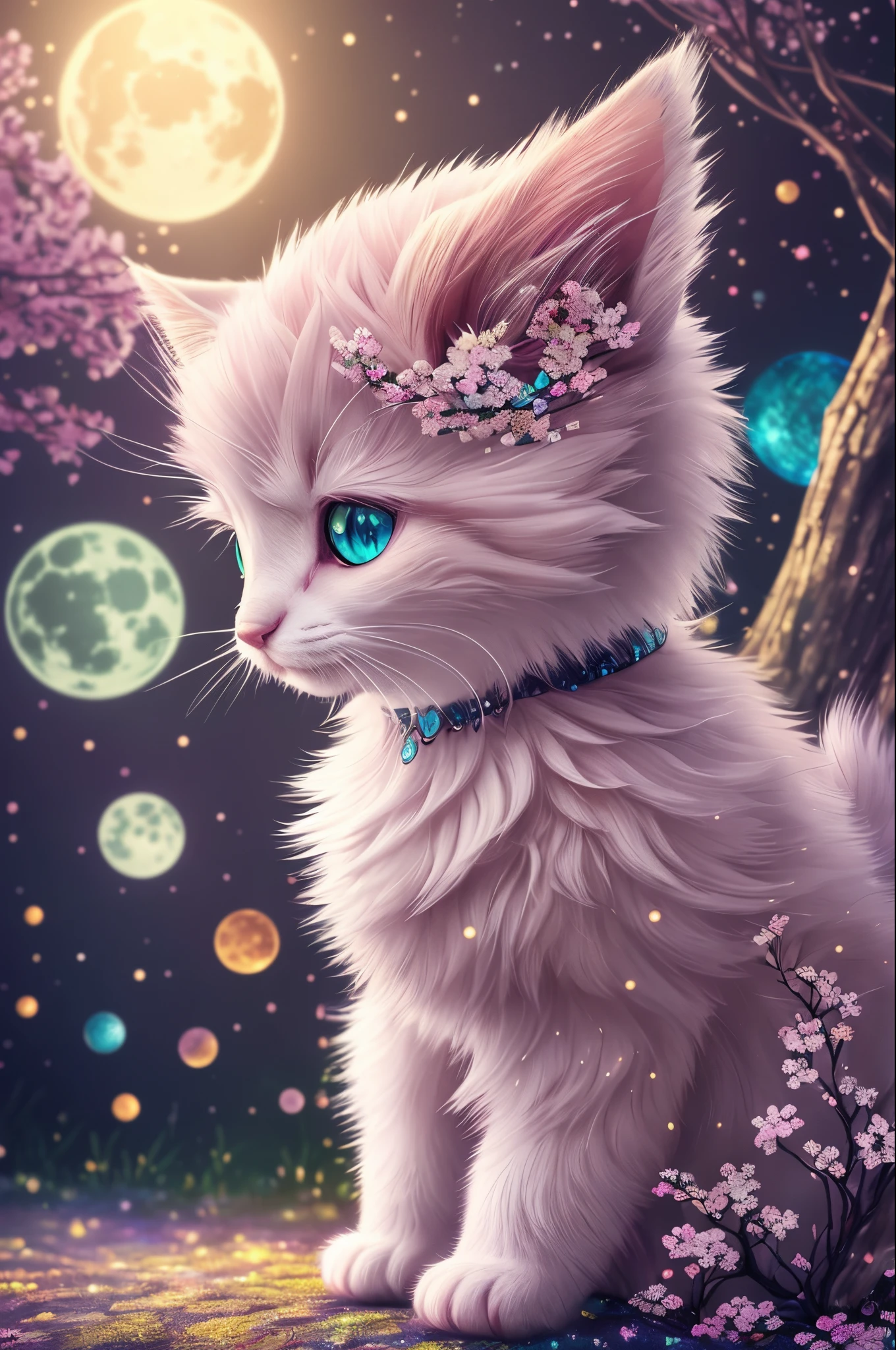 side view, oversaturate, colorfully, Fairytale, dreamlike, Cinematic character render, oil painting, 3D, 8k resolution, sequins, glitter, sakura forest, moonlight, Close up Portrait adorable chibi kawaii anthropomorphic kitten king, Detailed eyes, large round reflective eyes,