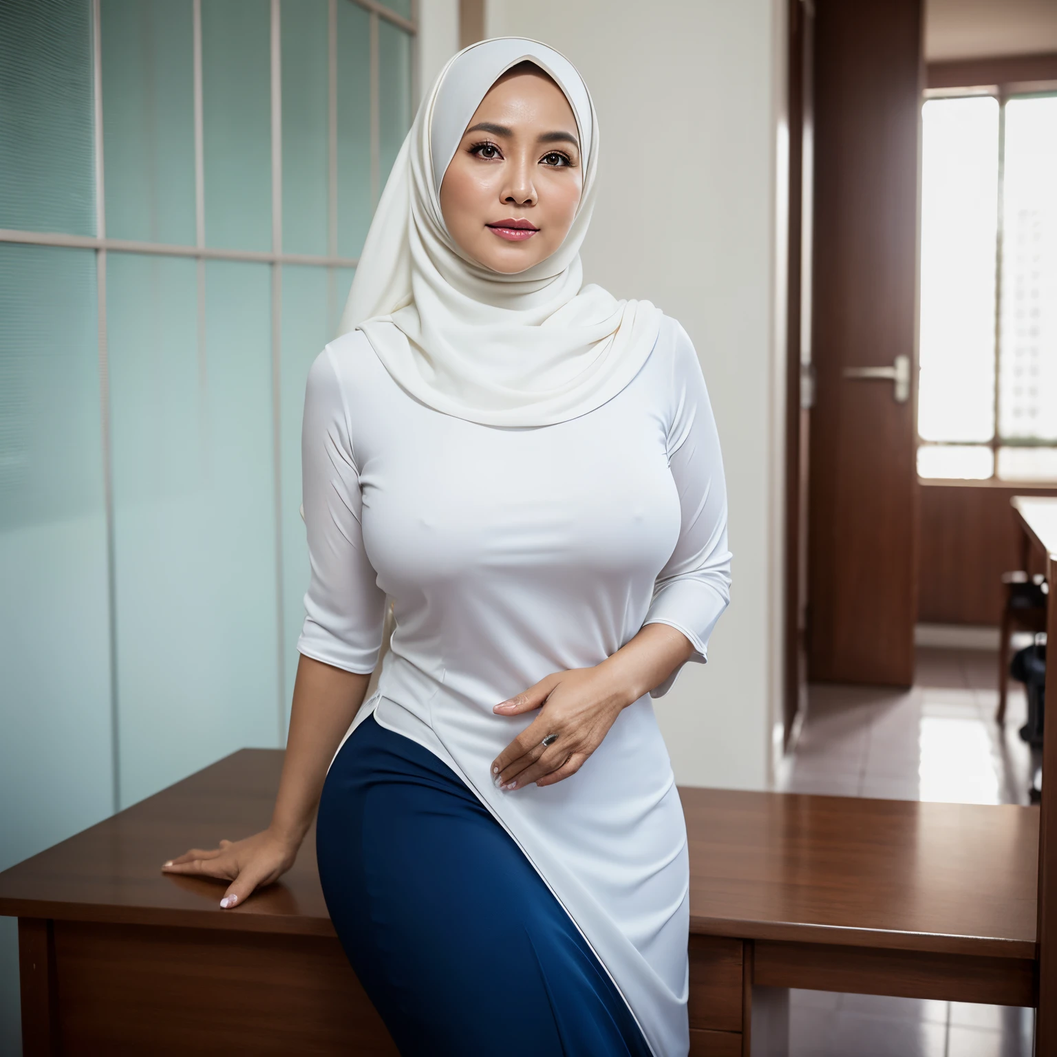 56 years Old, Hijab Indonesian mature woman, Big Mature Tits : 48.9, Gamis, white skin like porcelain, Curvy body, Erotic Pose : 1.6, Alluring Face : 1.2, at Teacher Office, High light, at Day time, 128K HDR Best Quality Photo.