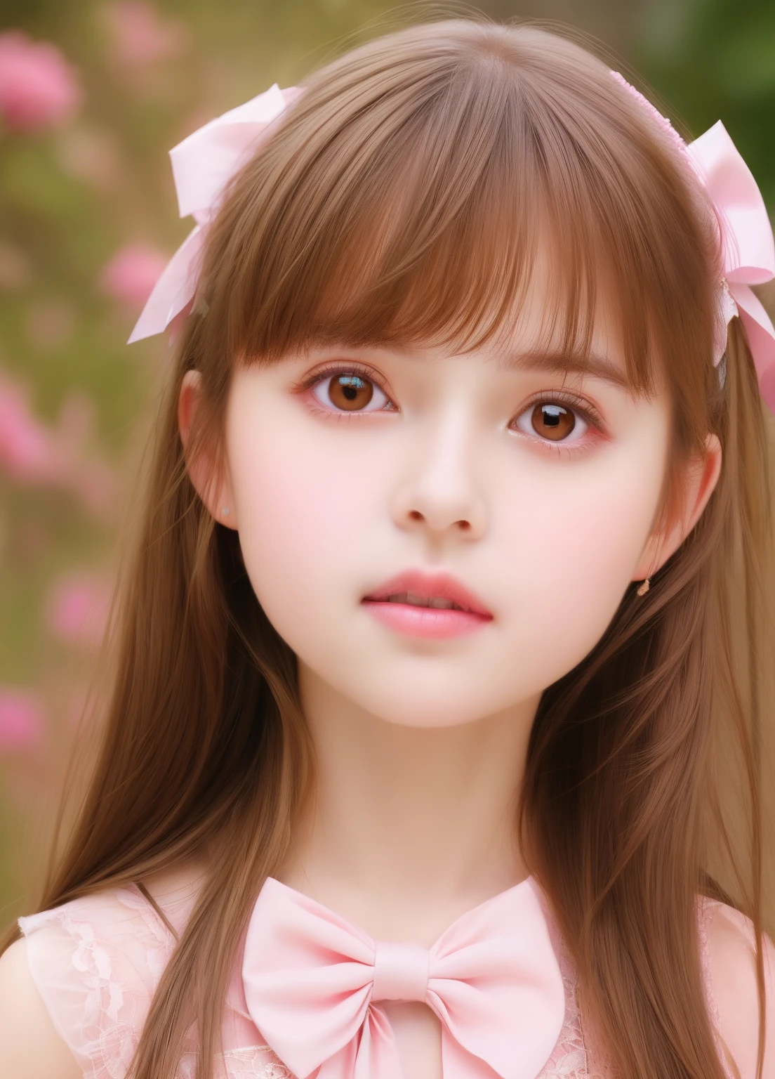 1girl, beautiful teenage girl, cute,small breasts, long straight brown hair,uniform, princess pink dress, bow , flowers, portrait, oil painting, modern, realistic proportions, intricate, intricate details, sharp focus