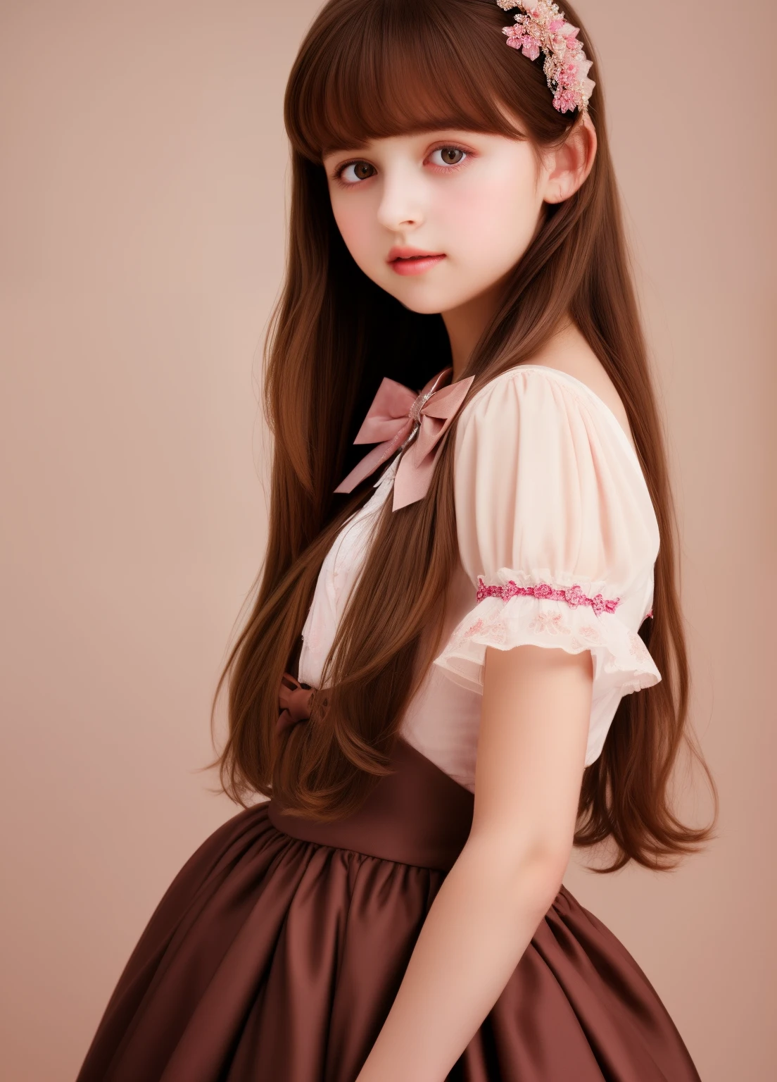 1 malay girl , long golden brown hair, wavy hair ,  shy, medium portrait shot , watery  eyes , wear pastel pink peplum dress, blue bedroom background, bright front light, she try to remove pants pose,