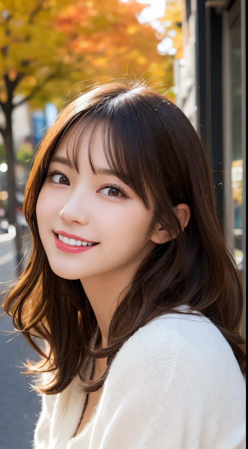 nice smile seeing this、One pretty woman、Bold poses、a smile、18 year old girl、Cute、The upper part of the body、

Under the Autumn Sky、Colorful color sweateredium hair、、Natural color lip、fair white skin、

masutepiece、top-quality、illustratio、ultra-definition、Fine、hight resolution、8k wallpaper、Perfect dynamic composition、beatiful detailed eyes、Clean and correct hands、tre anatomically correct、sharp focus master piece, Best Quality, Illustration, Ultra-detailed, finely detail, hight resolution, 8K Wallpaper, Perfect dynamic composition, Beautiful detailed eyes,  Natural color lip, Random and cute poses, flowing bangs,cleavage of the breast, Smile Face,high resolution,16K,high quality,4K,High Detail,8K,Wind Magic,，