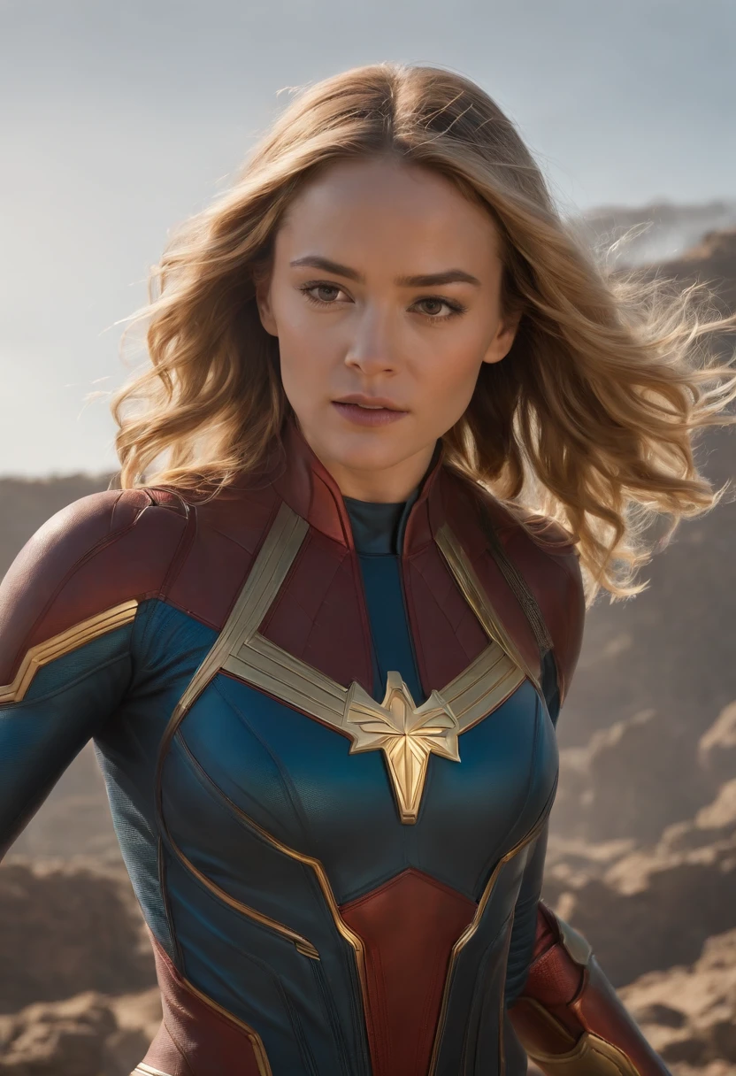 Low angle shot of brie larson sexy, ultra realistic in the Eternals movie, speedster In the ocean, MCU, superhero action pose, background of a destroyed, in a Battle, fighting, Full body, real, Tyrannical Supervillain, IMAX film, hyperrealistic, high resolution movie still, cinema lighting, atlantis light, wide red and black and silver, 8k