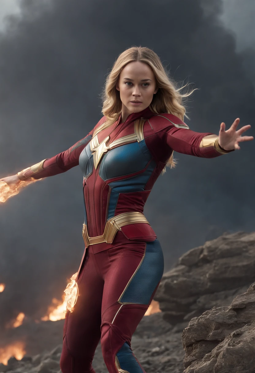 Low angle shot of brie larson sexy, ultra realistic in the Eternals movie, speedster In the ocean, MCU, superhero action pose, background of a destroyed, in a Battle, fighting, Full body, real, Tyrannical Supervillain, IMAX film, hyperrealistic, high resolution movie still, cinema lighting, atlantis light, wide red and black and silver, 8k