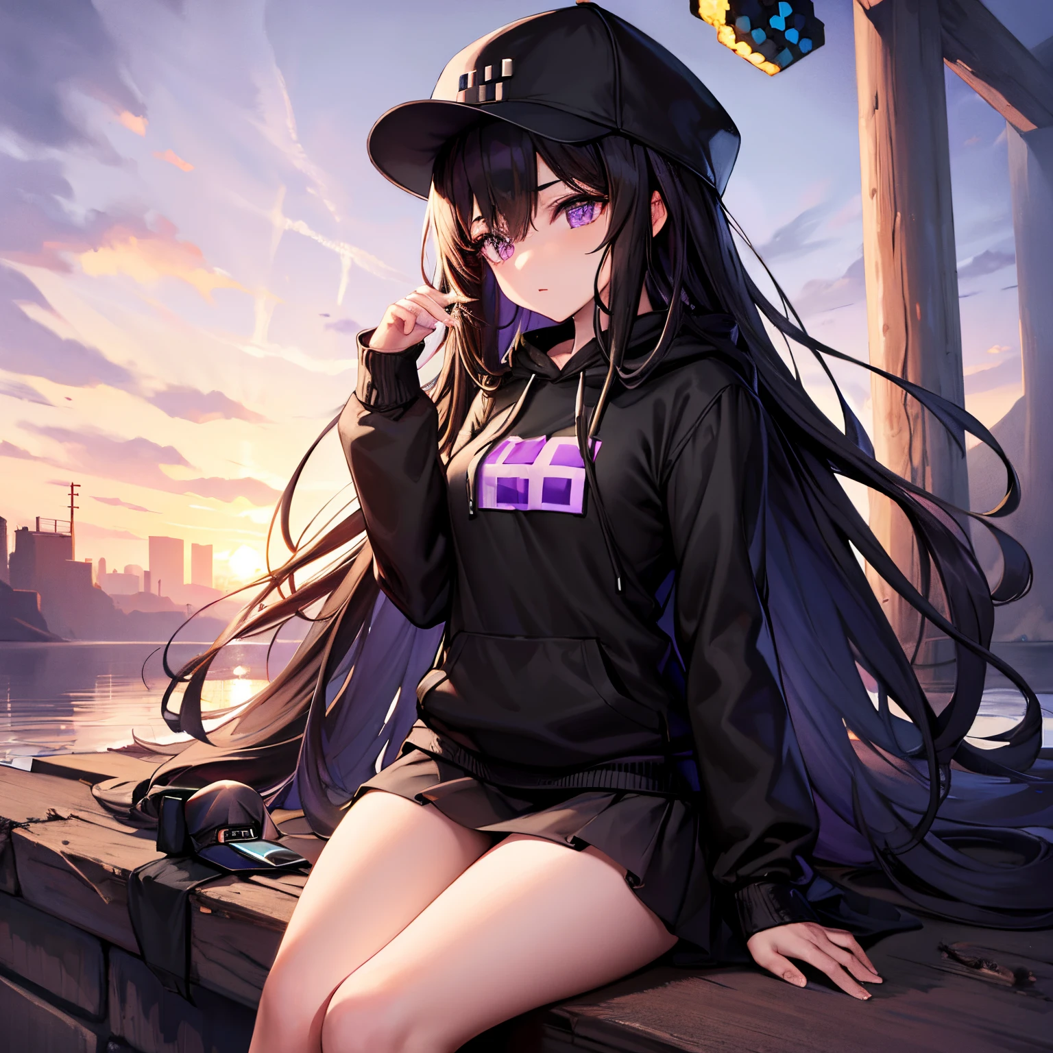 1girl, enderman, minecraft, nice body, perfect thighs, long hair, brown hair, purple eyes, wearing black hoodie, wearing hat, short skirt, black stockist, sitting, outdoors